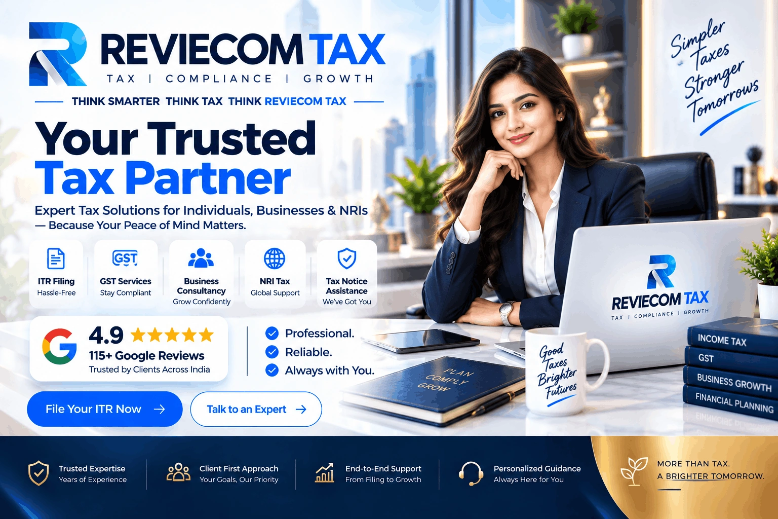 REVIECOM TAX trusted tax partner for ITR filing, GST services, business consultancy, NRI tax and tax notice assistance